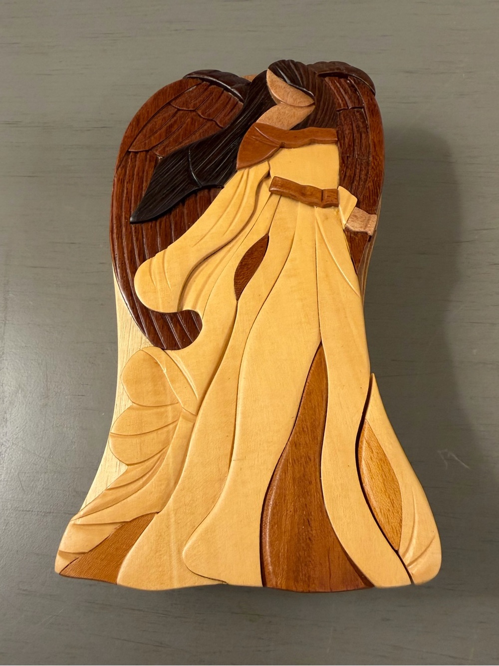 Handcrafted Carved Natural Wood Tones Angel Puzzle Trinket Box 7" Trinkets Stash